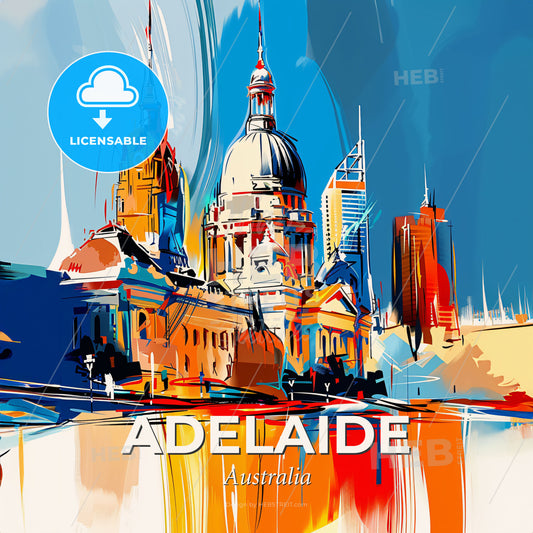 Vibrant Adelaide, Australia - A Painting Of A Building With Towers And A Blue Sky - Square format print template