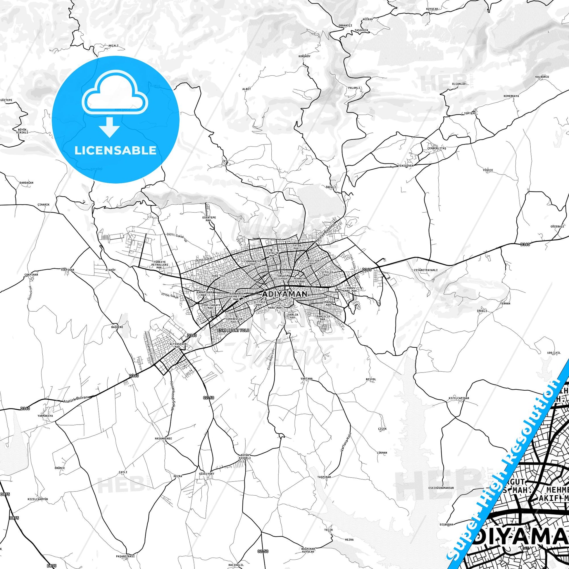Adıyaman, Turkey light map with streetnames, citynames and districts