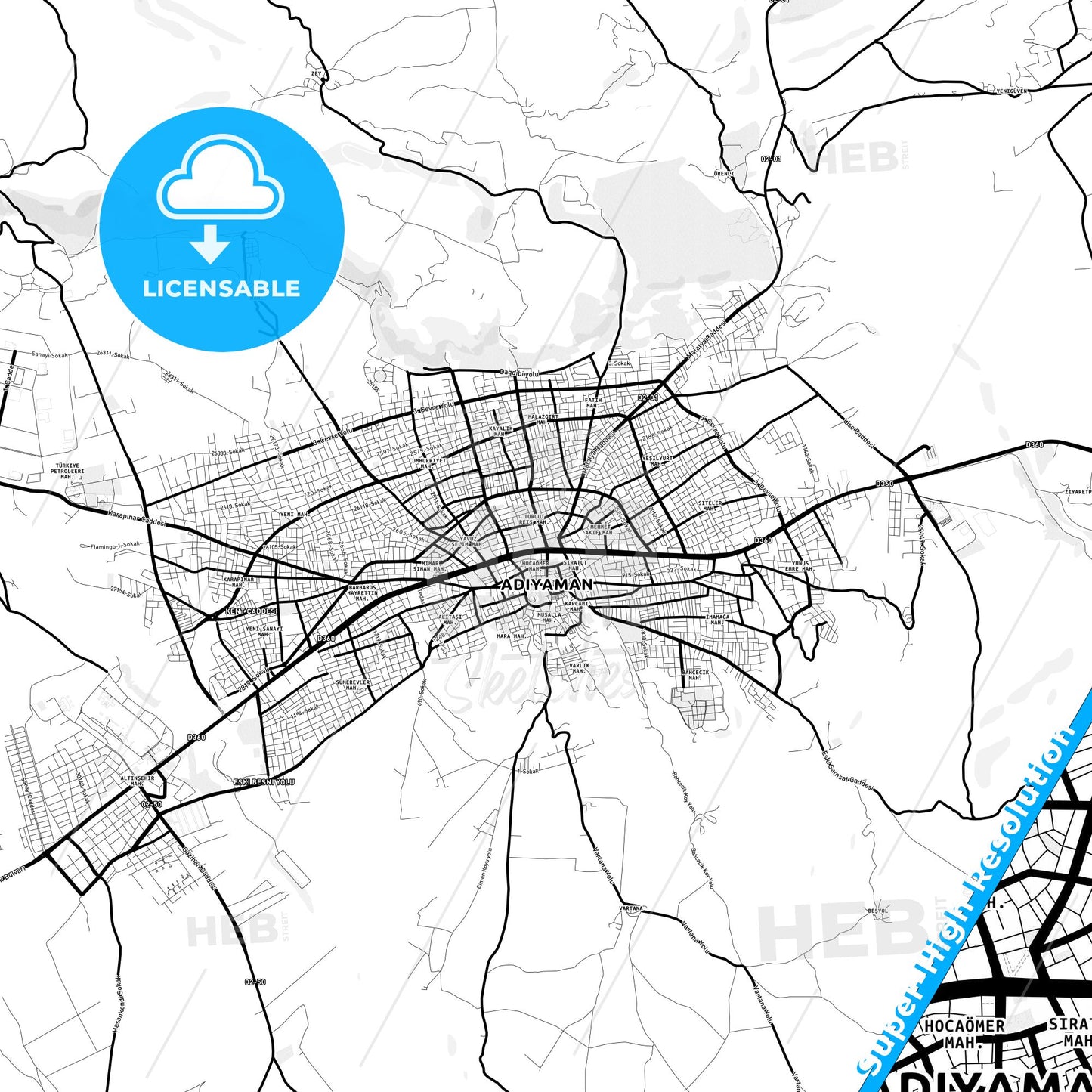 Adıyaman, Turkey Light Map with Street Names, City Names, and Districts