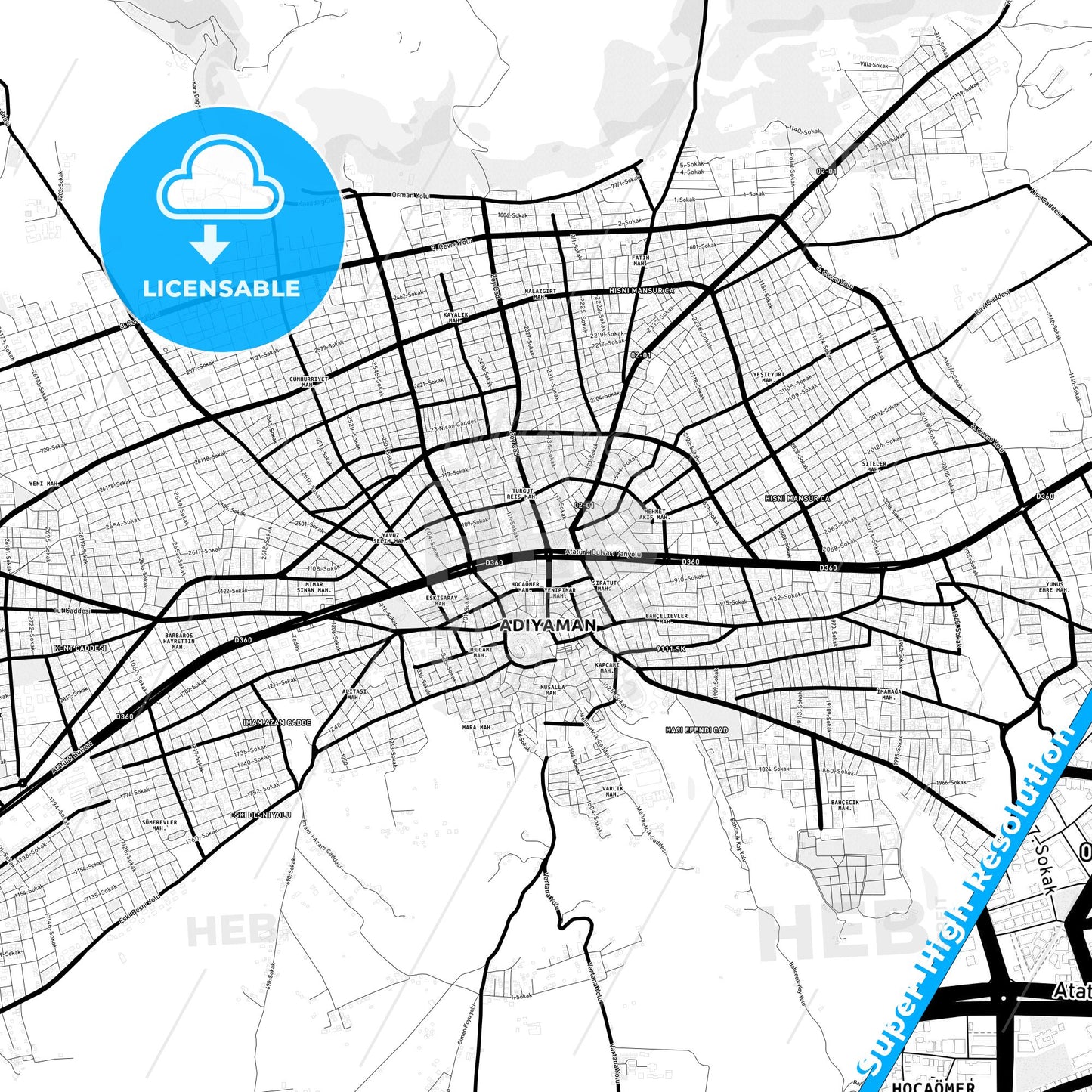 Adıyaman, Turkey Light Map with Street Names, City Names, and Districts