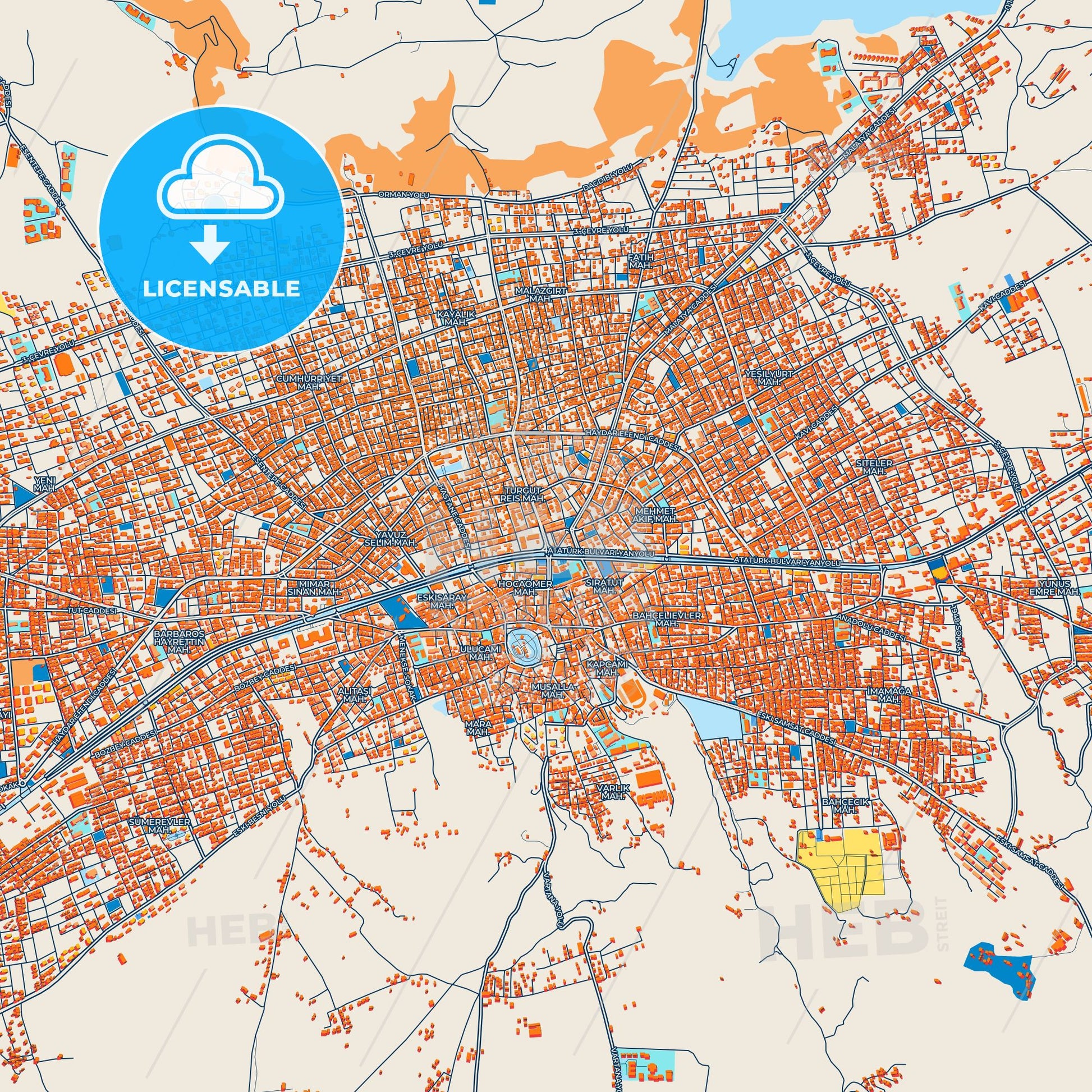 Colorful Adıyaman Street Map with Labels and Buildings