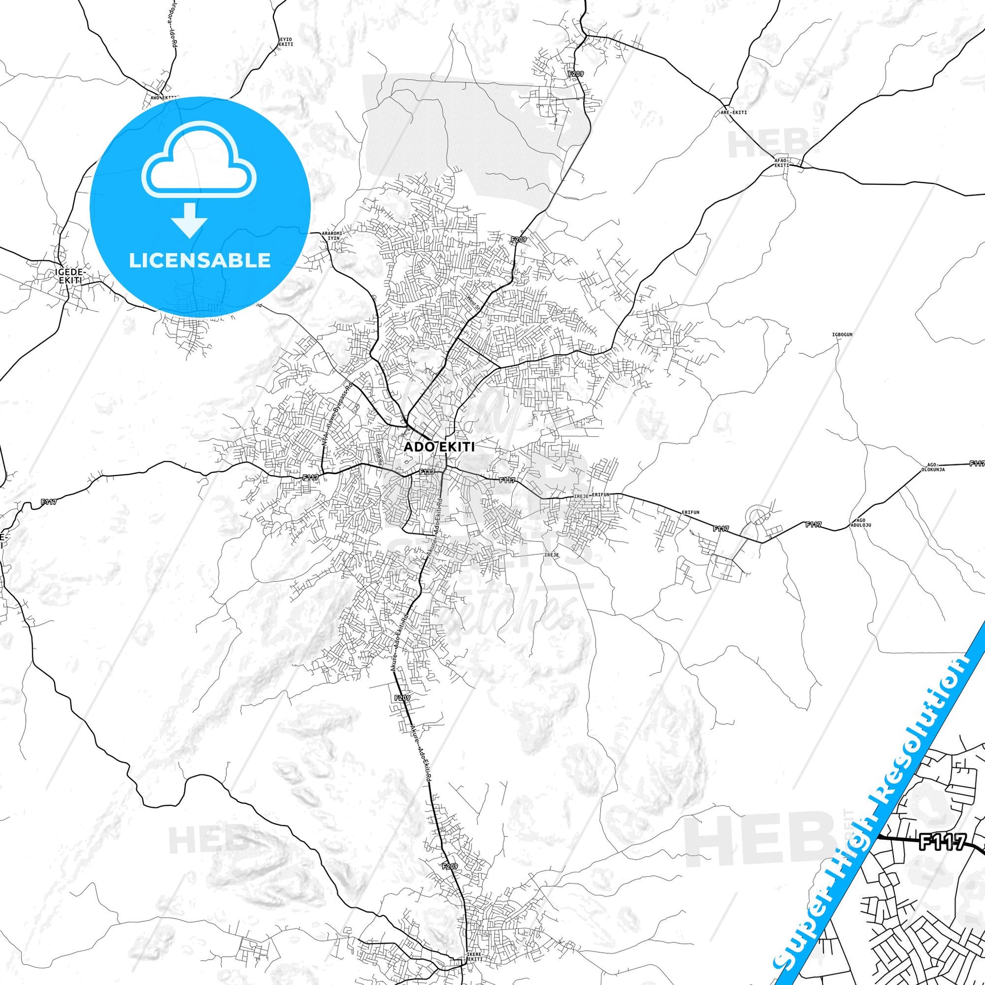 Ado-Ekiti, Nigeria light map with streetnames, citynames and districts