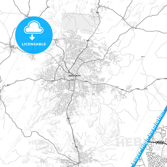 Ado-Ekiti, Nigeria light map with streetnames, citynames and districts