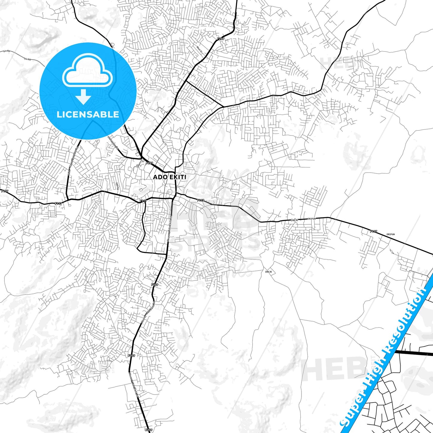 Ado-Ekiti, Nigeria Light Map with Street Names, City Names, and Districts