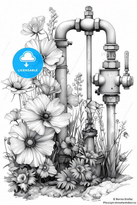 Black and white line drawing of wildflowers blooming near an old iron hand pump, perfect for adult coloring and art lovers