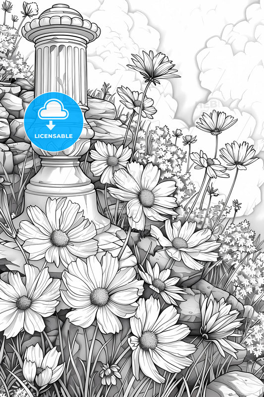 Black and white coloring page featuring a stylized drawing of wildflowers blooming around an old iron hand pump, perfect for stress relief and art enthusiasts