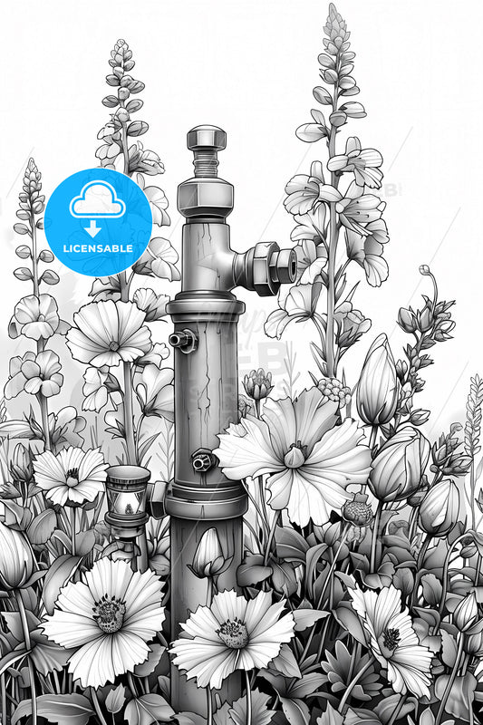 Minimalist black and white line drawing of an ornate iron hand pump gushing with wildflowers, perfect for adult coloring pages and decorative designs
