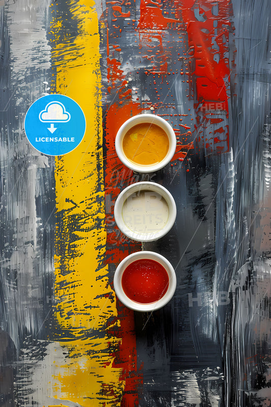 Artistic Painting of Vibrant Sauce Trio: White, Yellow, and Red Masterpiece