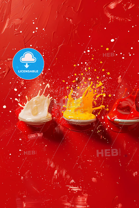 Vibrant Art Deco Painting: Three Colorful Sauces Splashing on a Red Surface