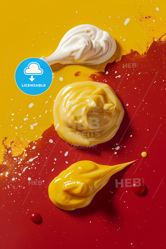Artful Sauces: Vibrant Liquid Canvas in White, Yellow, and Red