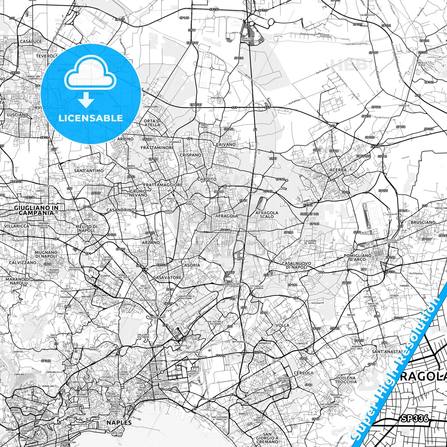Afragola, Italy light map with streetnames, citynames and districts