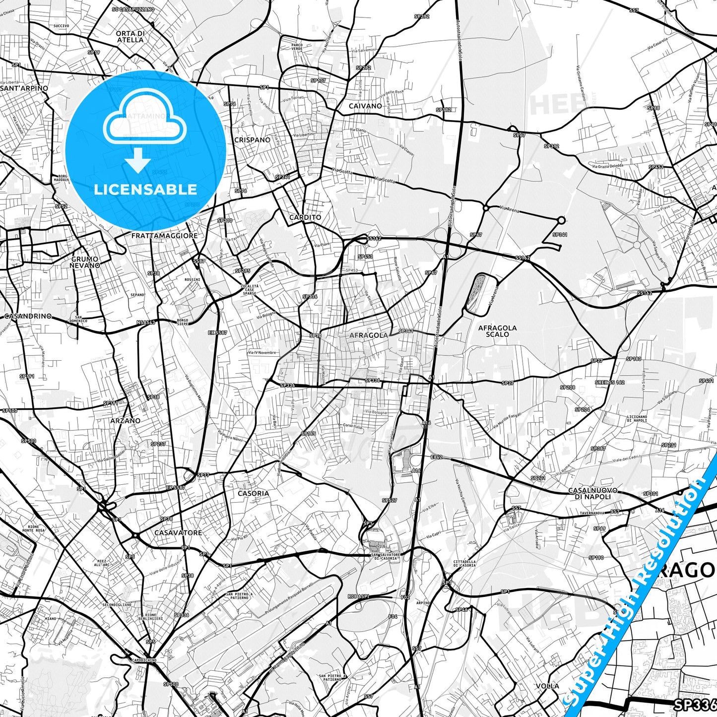 Afragola, Italy Light Map with Street Names, City Names, and Districts