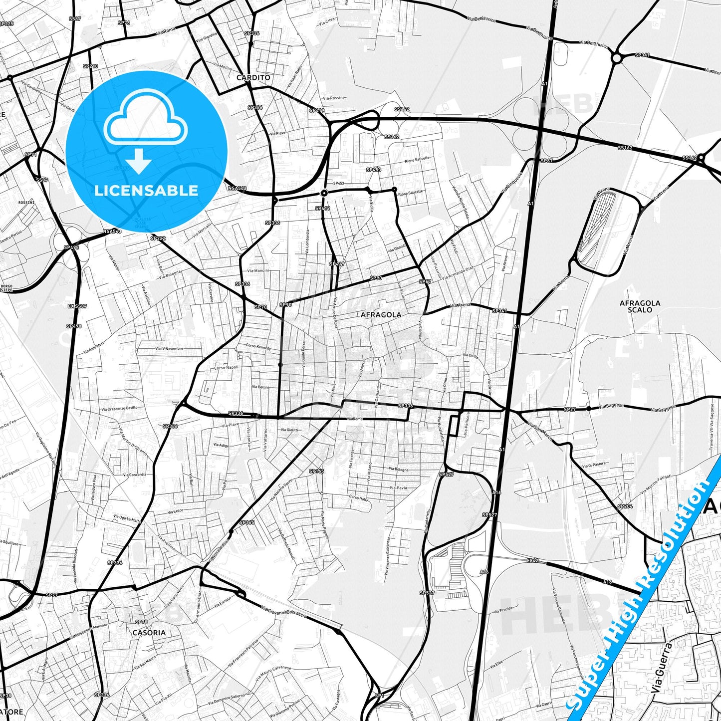 Afragola, Italy Light Map with Street Names, City Names, and Districts