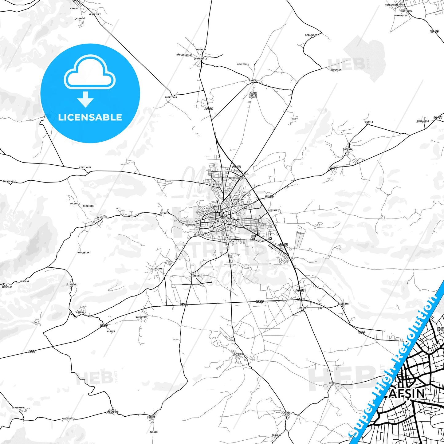 Afşin, Turkey light map with streetnames, citynames and districts