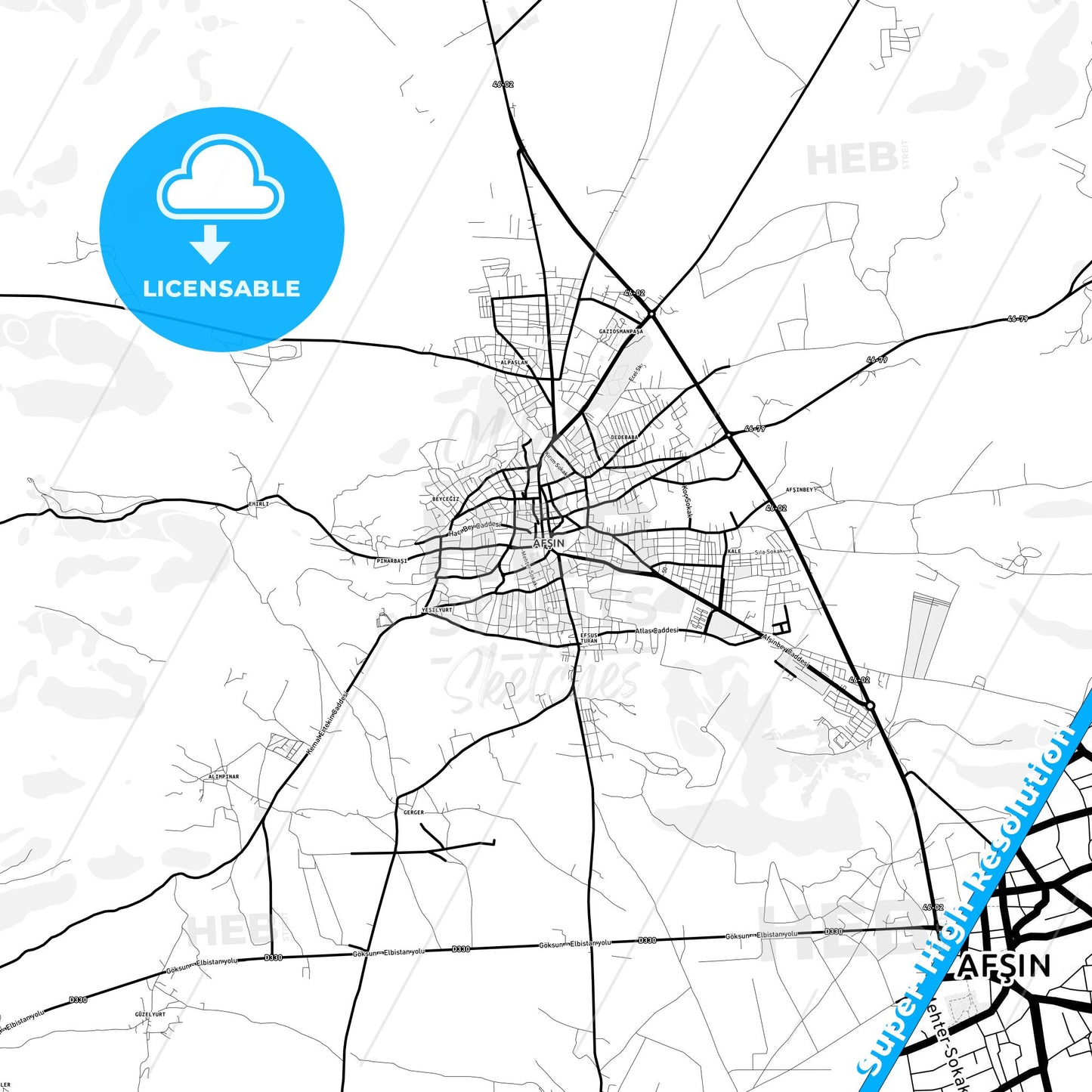 Afşin, Turkey Light Map with Street Names, City Names, and Districts