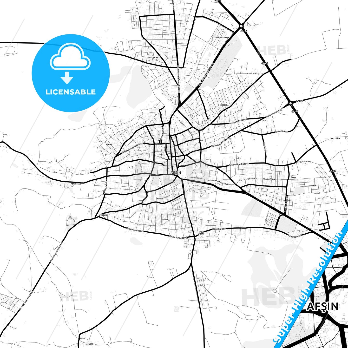 Afşin, Turkey Light Map with Street Names, City Names, and Districts