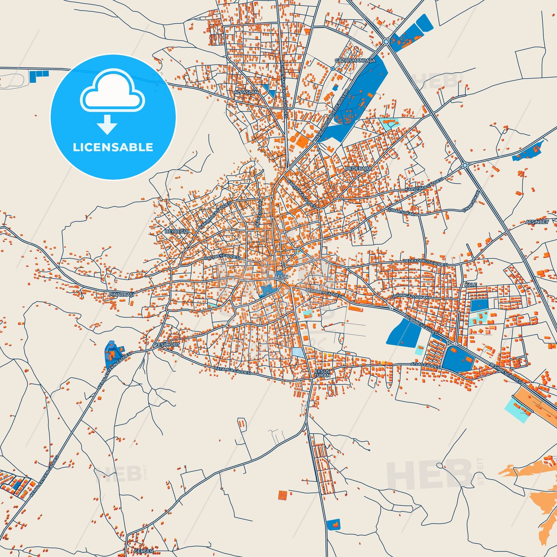 Colorful Afşin Street Map with Labels and Buildings