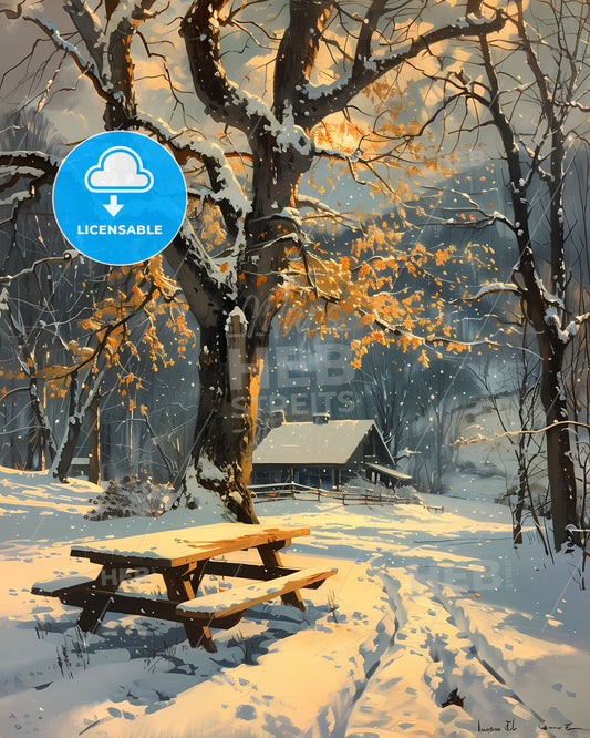 Snowy Picnic in Winter Sunlight: A Vibrant Painting Inspired by Nature's Palette