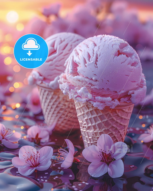Exquisite Digital Art of Afternoon Ice Cream Cones with Blooms Bathed in Sunset Hues