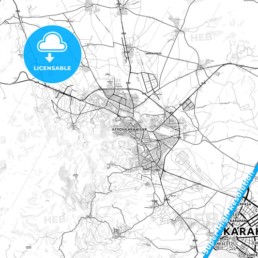 Afyon, Turkey light map with streetnames, citynames and districts