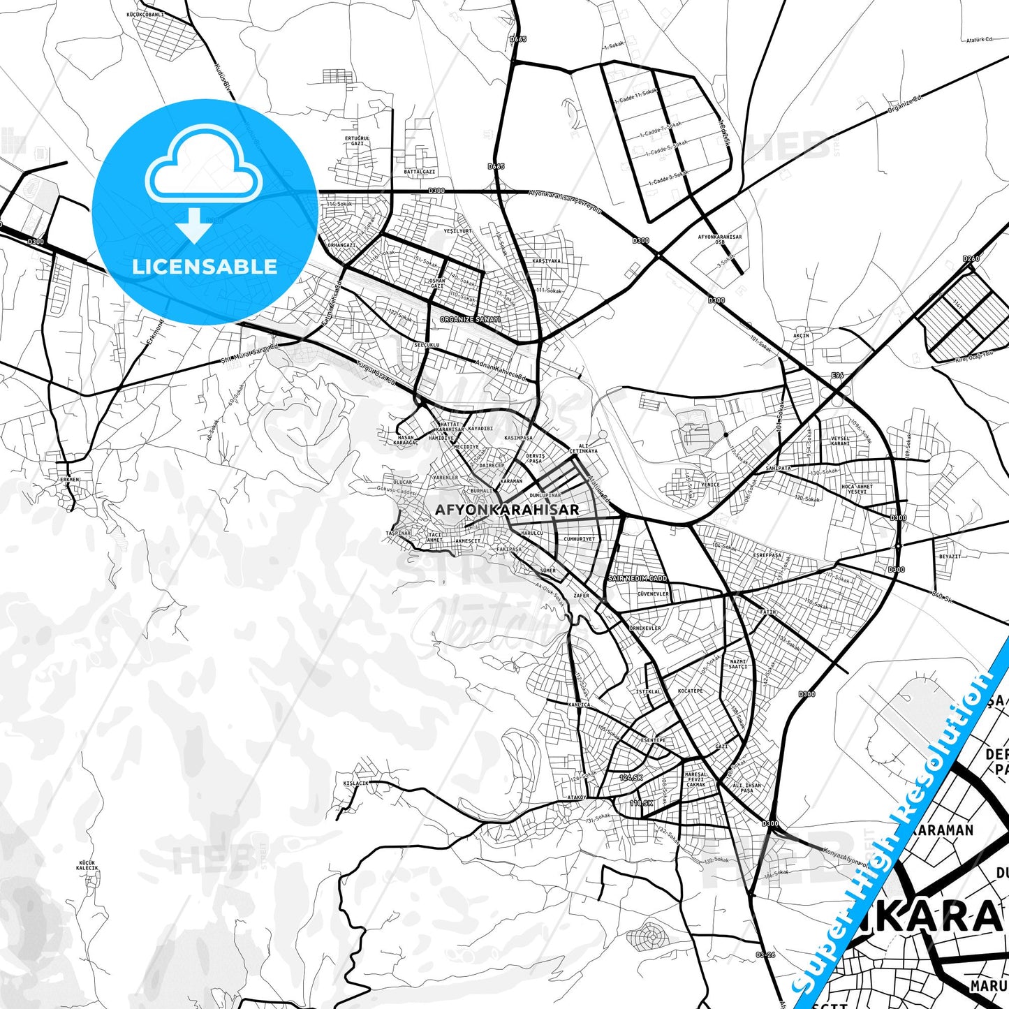 Afyon, Turkey Light Map with Street Names, City Names, and Districts