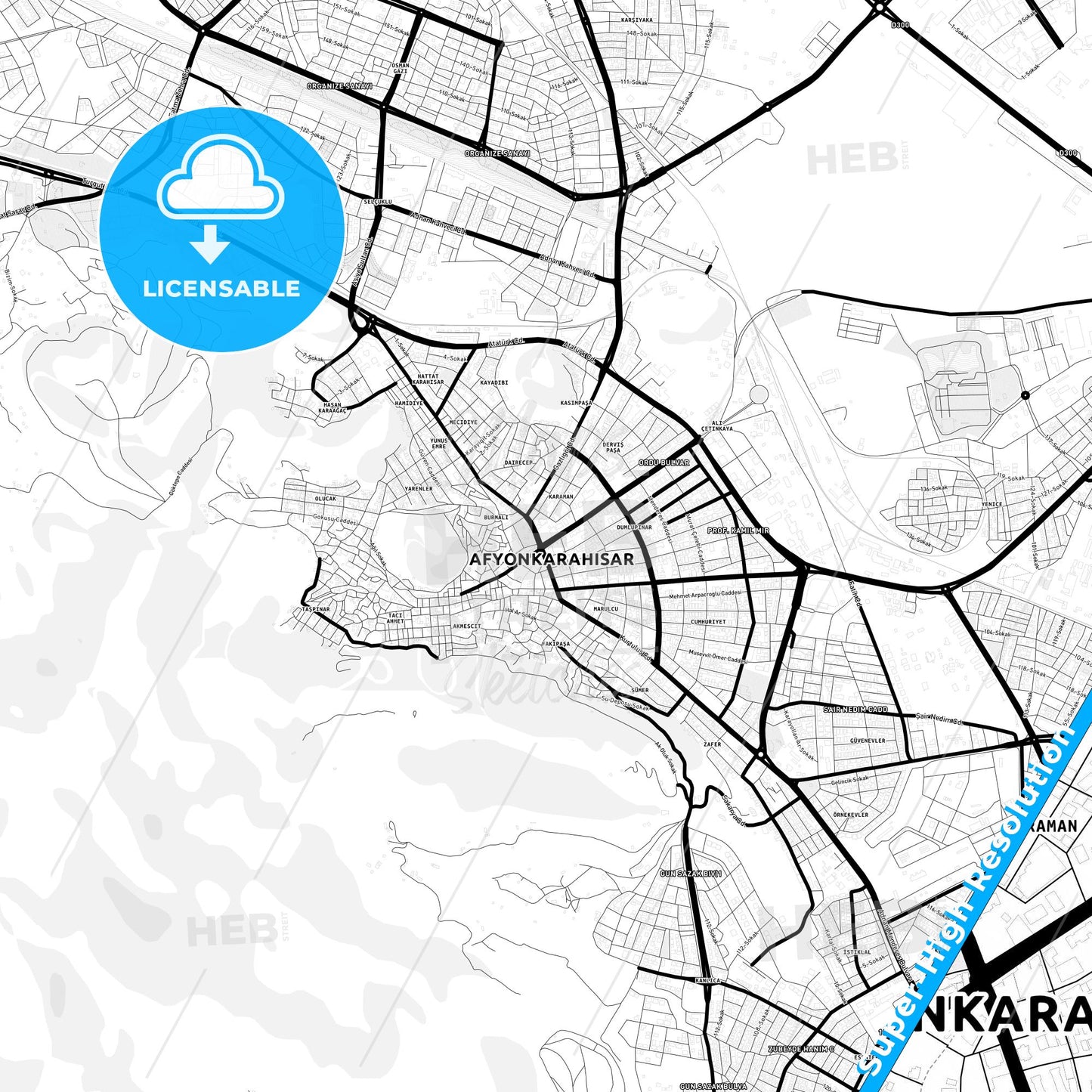 Afyon, Turkey Light Map with Street Names, City Names, and Districts
