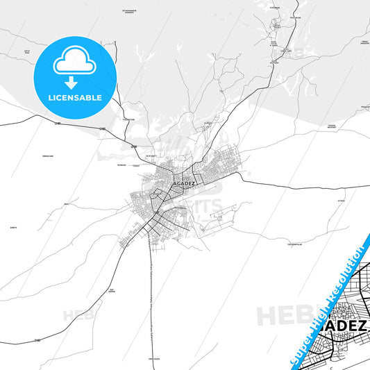 Agadez, Niger light map with streetnames, citynames and districts