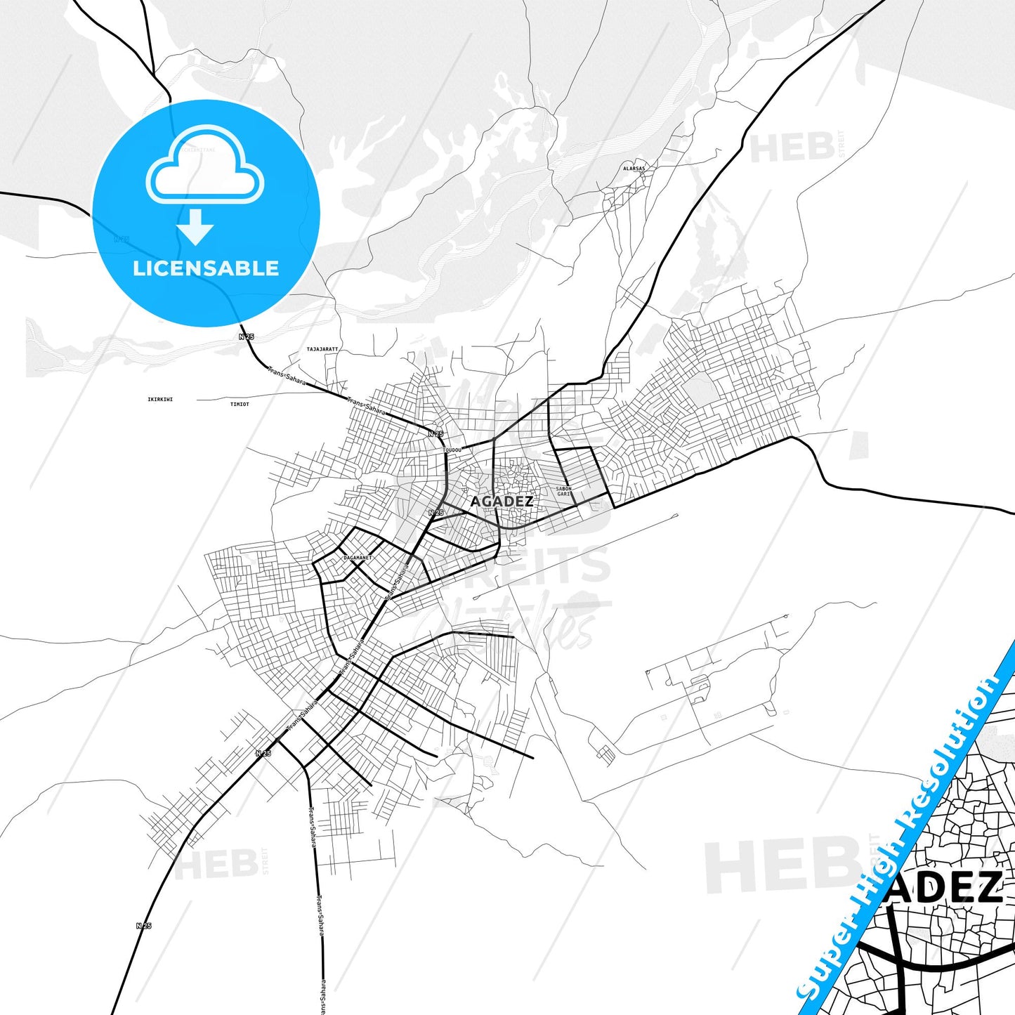 Agadez, Niger Light Map with Street Names, City Names, and Districts