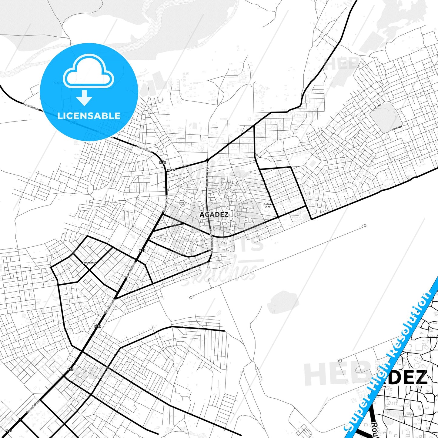 Agadez, Niger Light Map with Street Names, City Names, and Districts