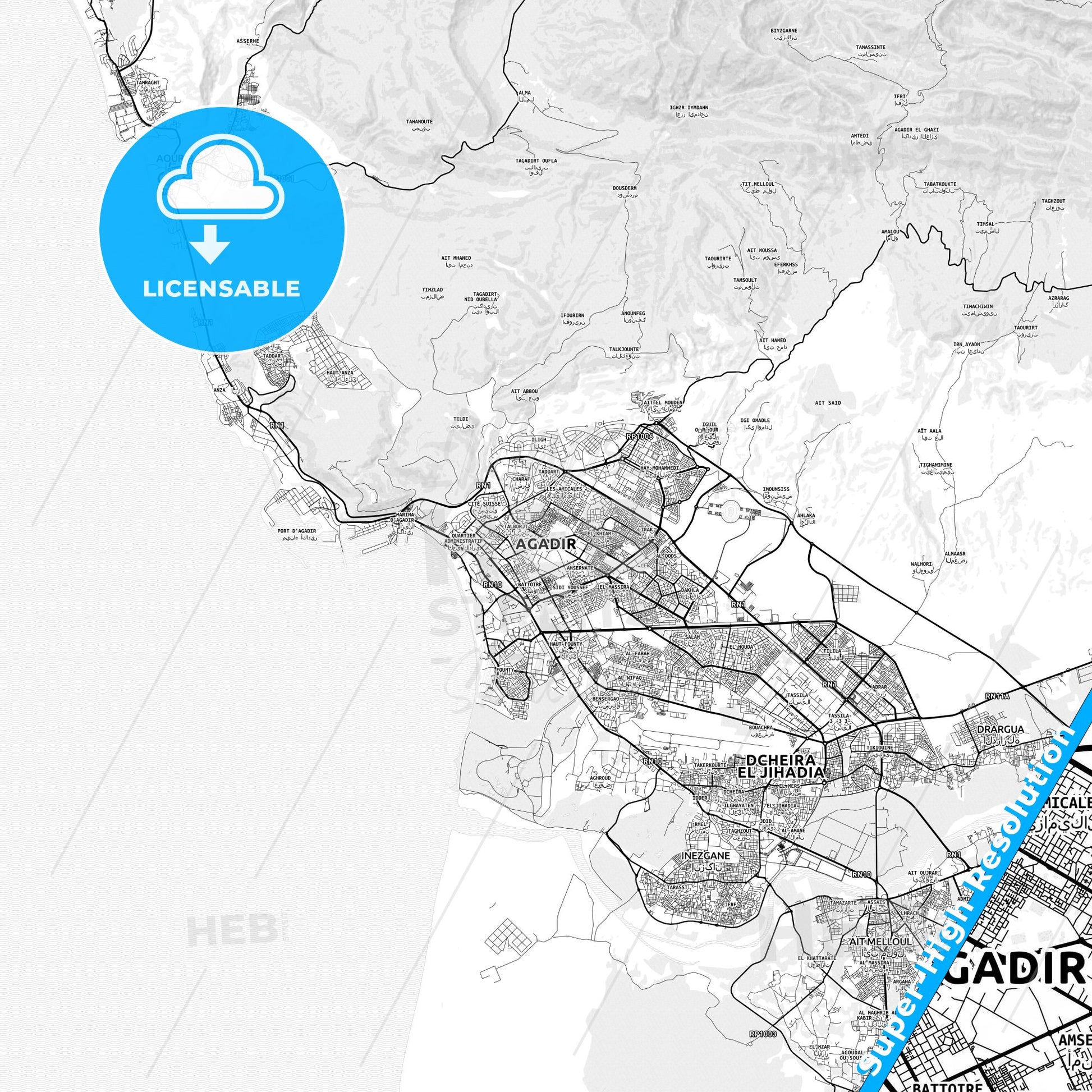 Agadir, Morocco light map with streetnames, citynames and districts