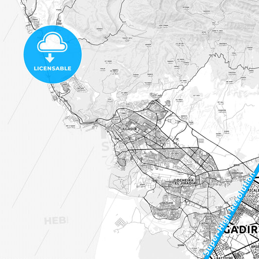 Agadir, Morocco light map with streetnames, citynames and districts