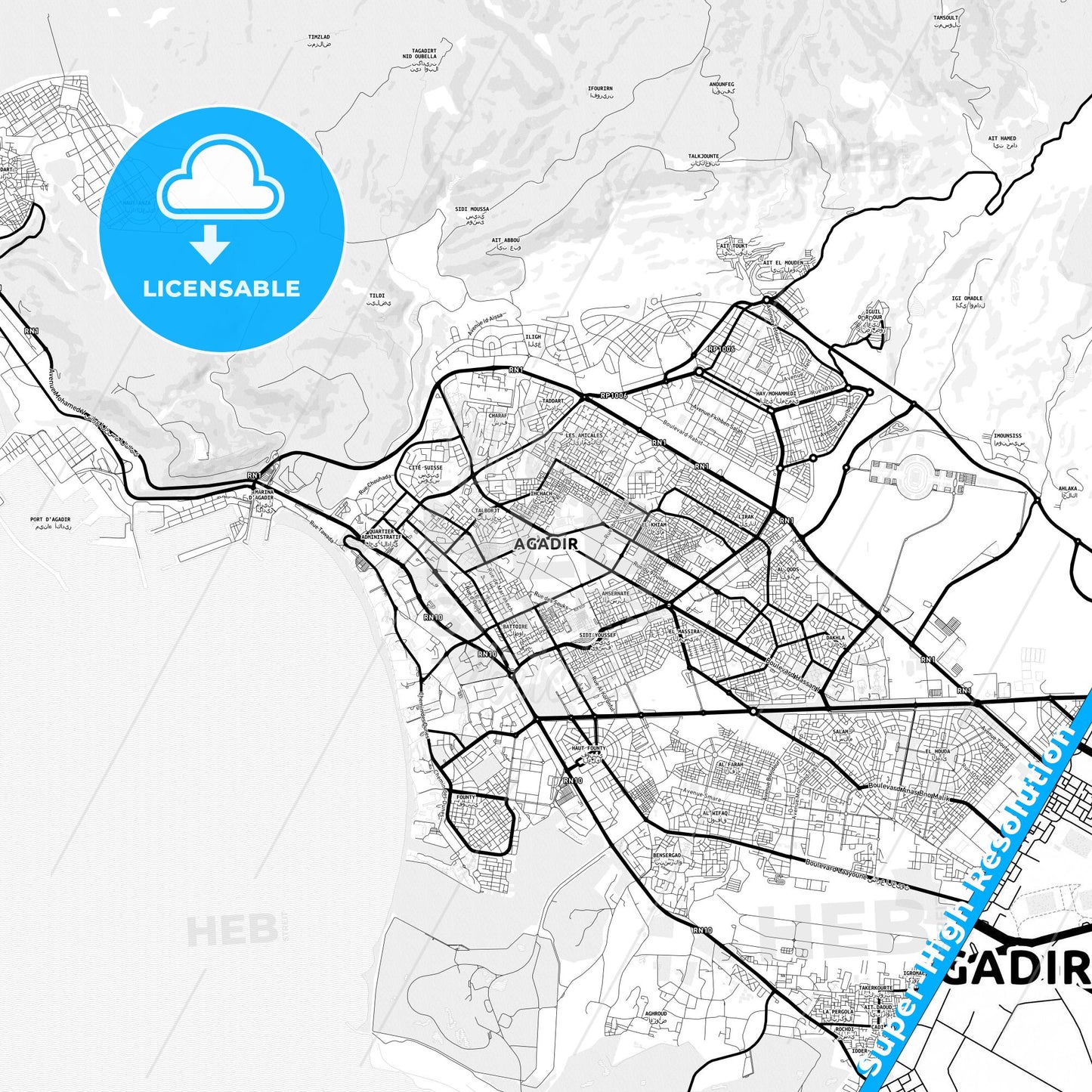 Agadir, Morocco Light Map with Street Names, City Names, and Districts
