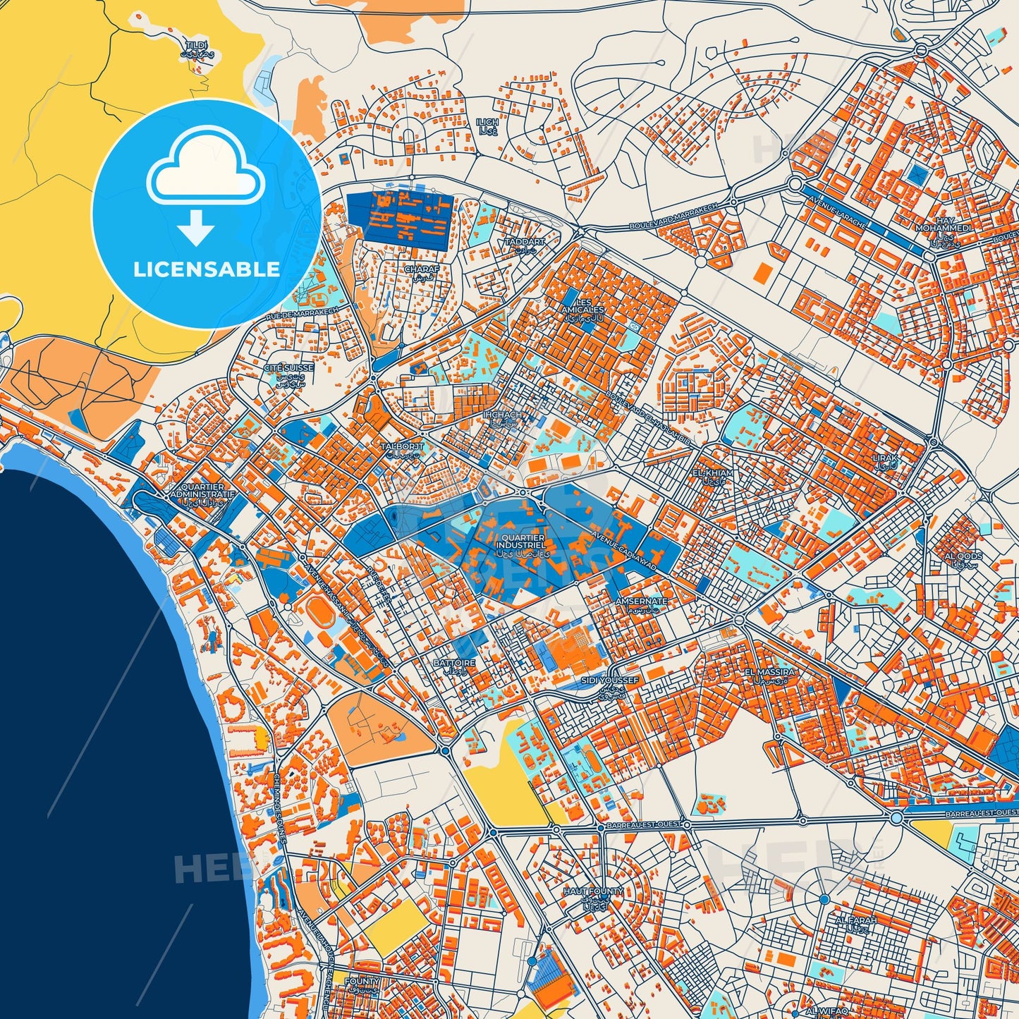 Colorful Agadir Street Map with Labels and Buildings