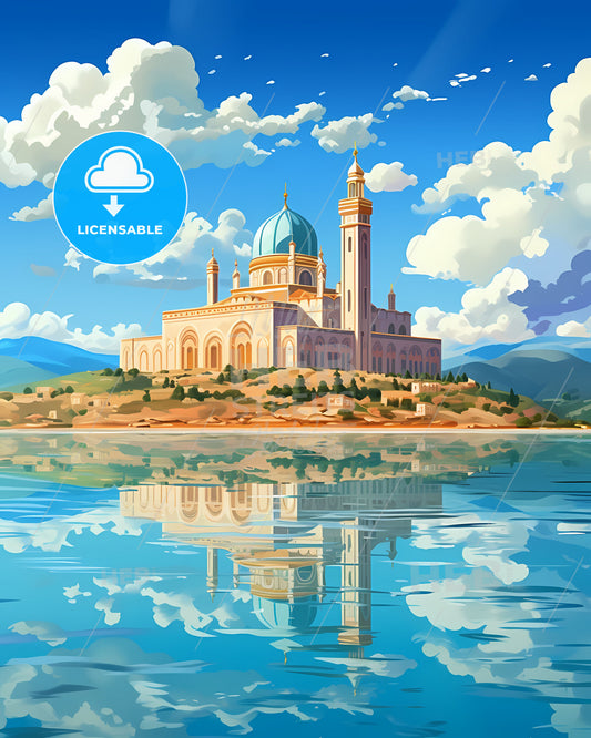 Skyline View: Vibrant Painting of Agadir, Morocco, Depicting Architecture and Blue Sky Reflections