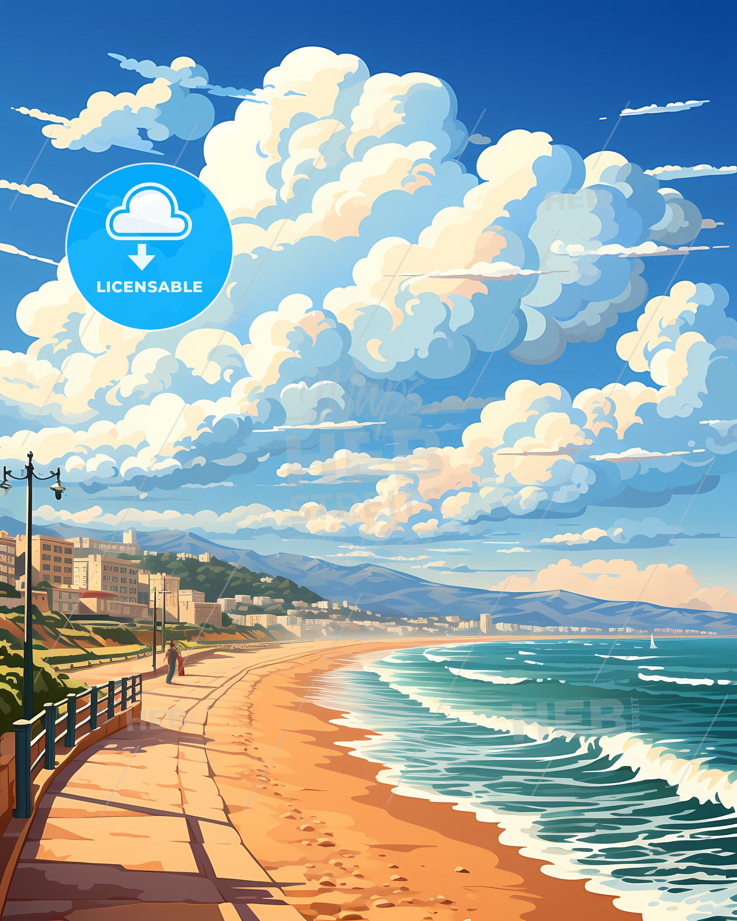 Vibrant Agadir Cityscape Painting with Colorful Buildings and Beach