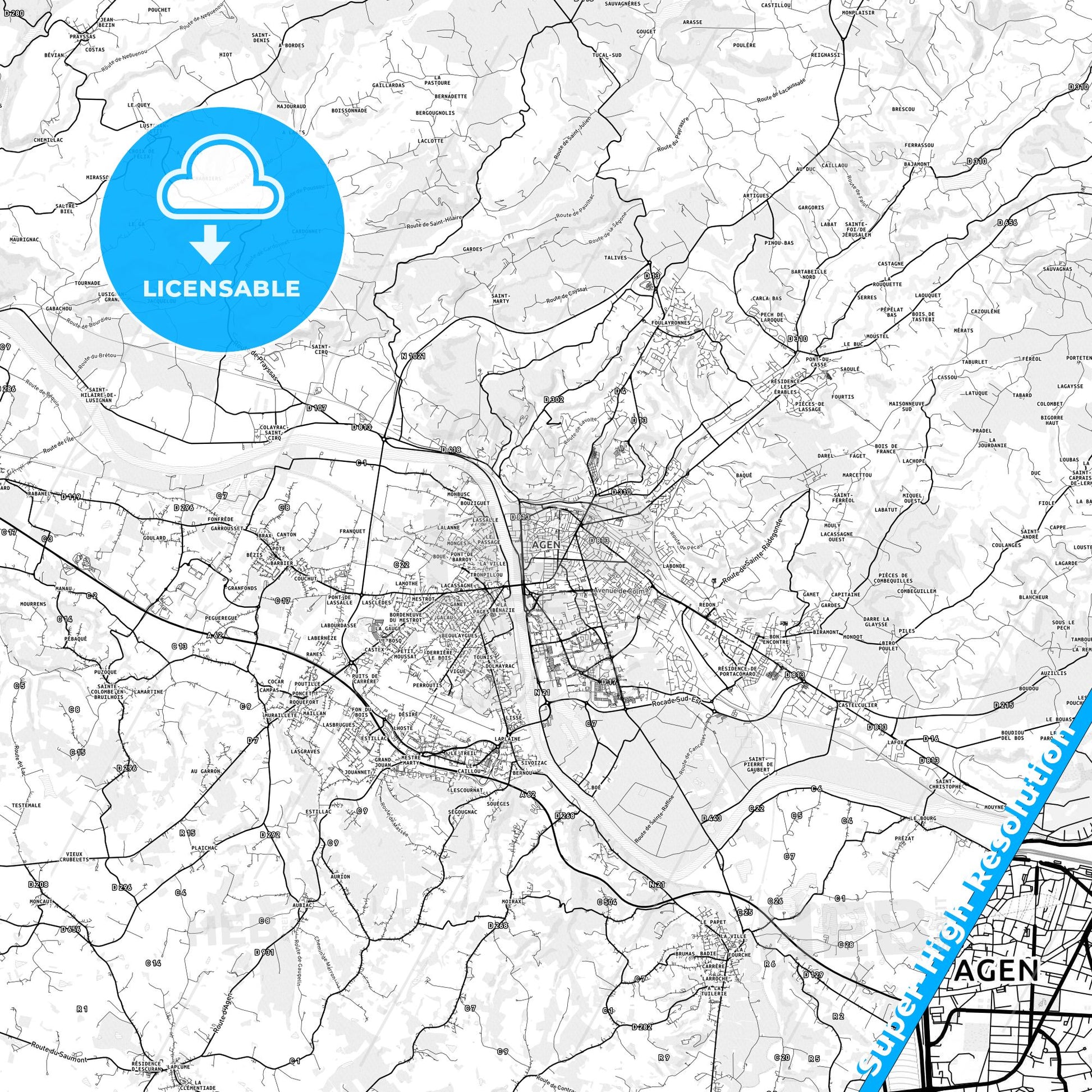 Agen, France light map with streetnames, citynames and districts
