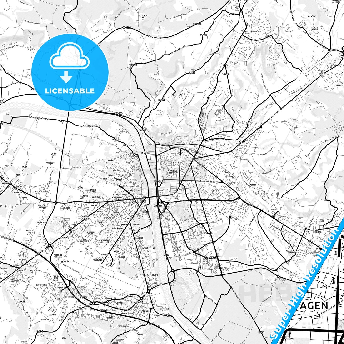 Agen, France Light Map with Street Names, City Names, and Districts