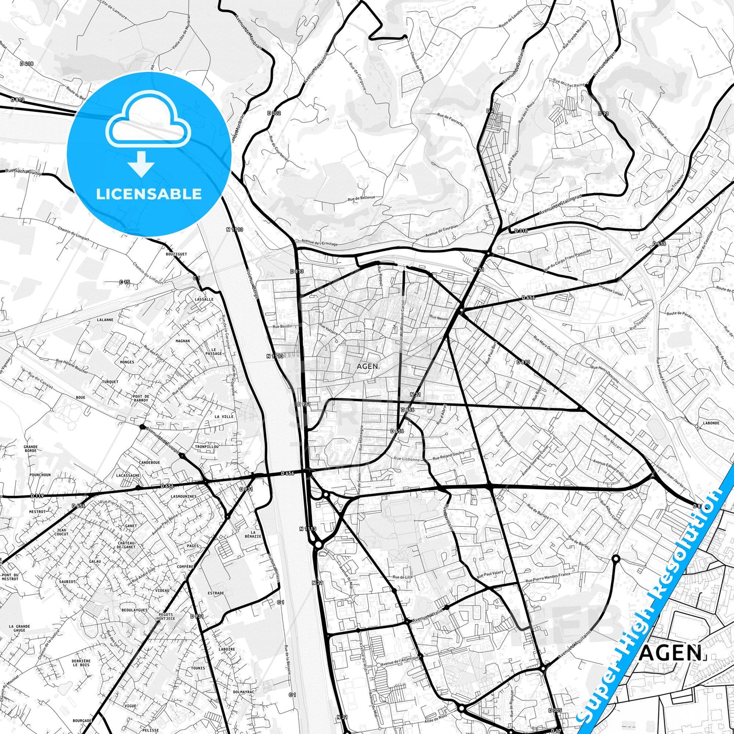 Agen, France Light Map with Street Names, City Names, and Districts