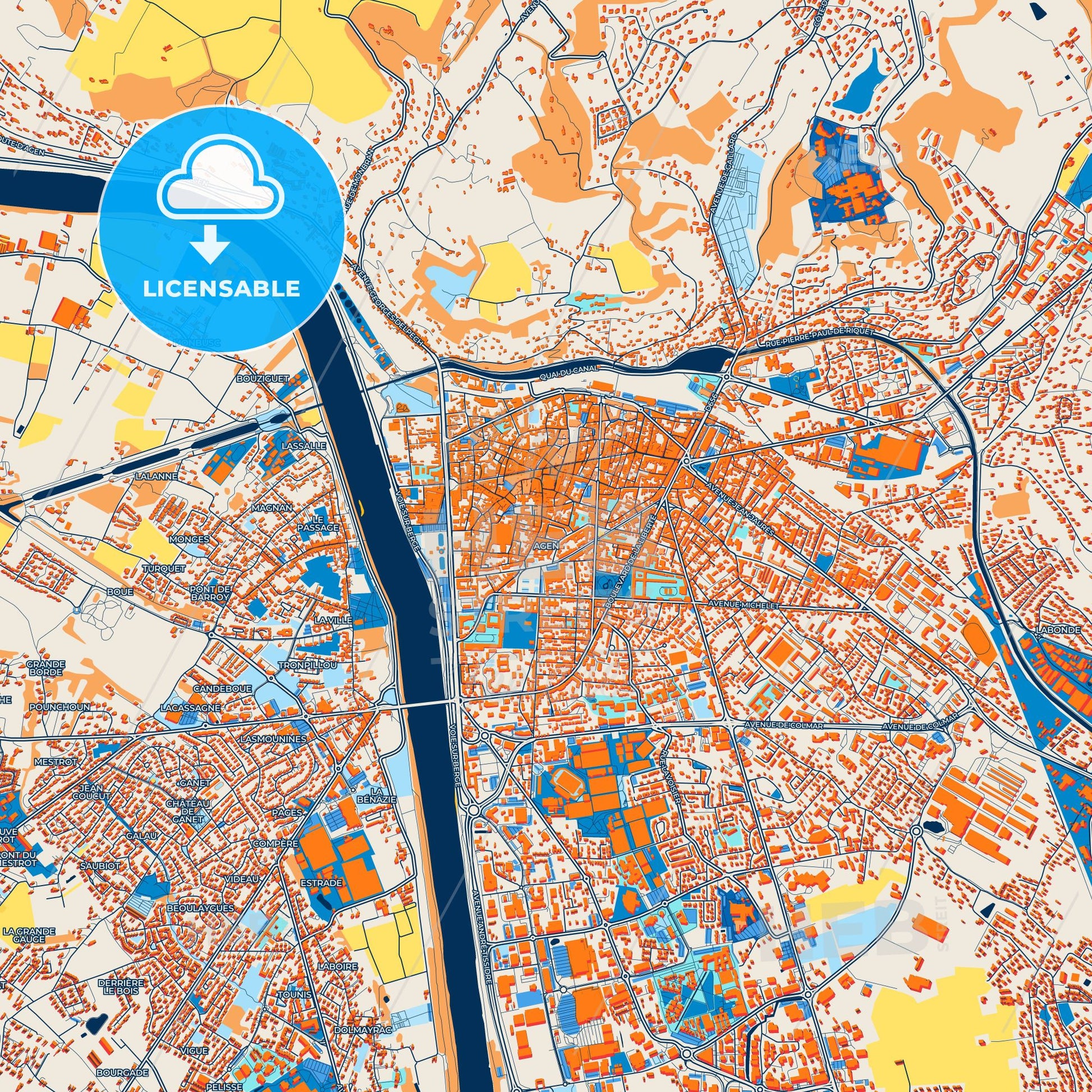 Colorful Agen Street Map with Labels and Buildings