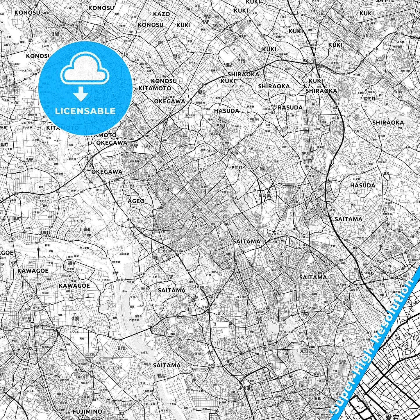 Ageo, Japan light map with streetnames, citynames and districts