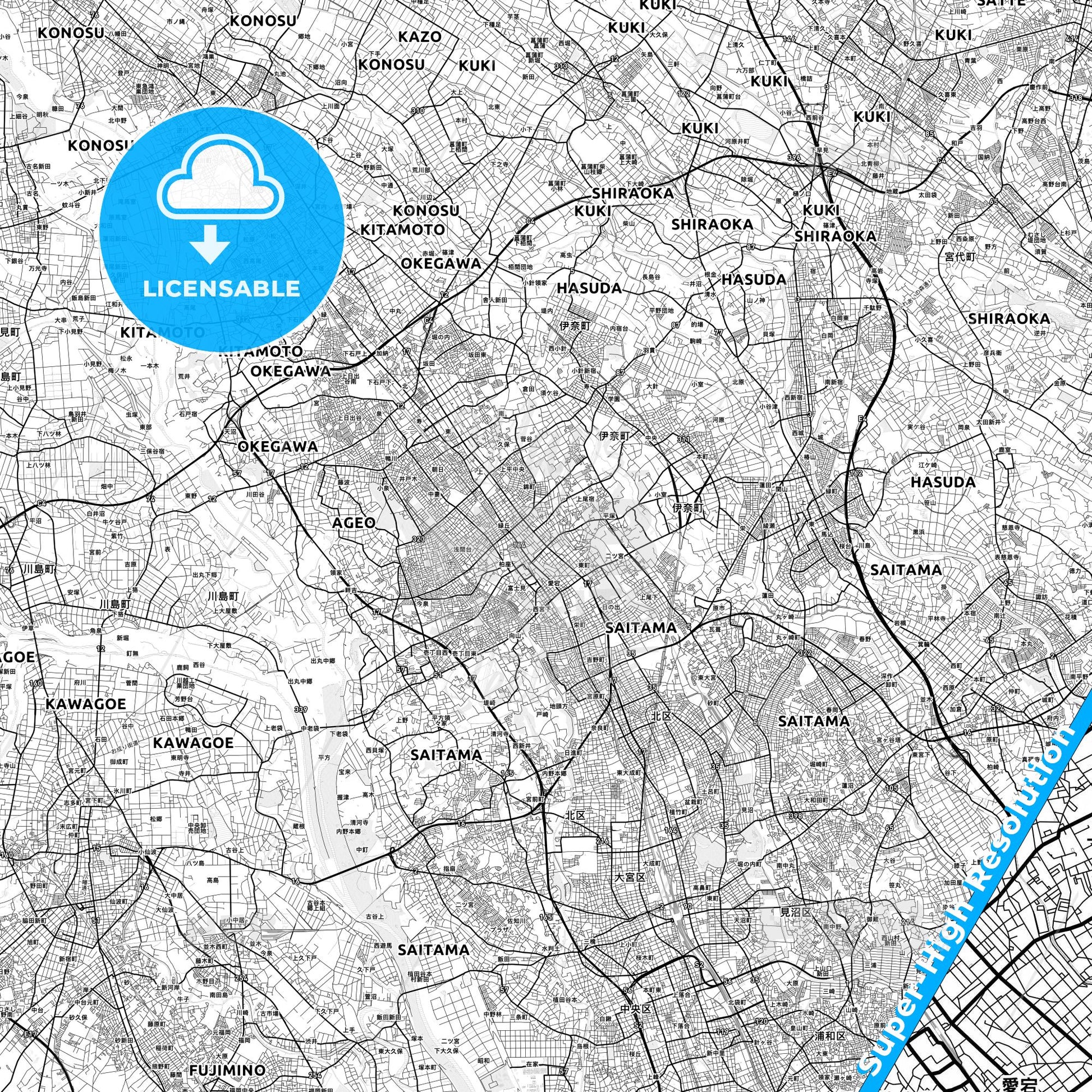 Ageo, Japan light map with streetnames, citynames and districts