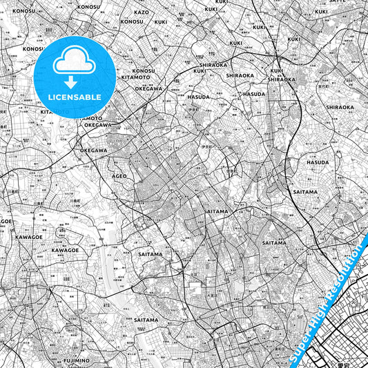 Ageo, Japan light map with streetnames, citynames and districts