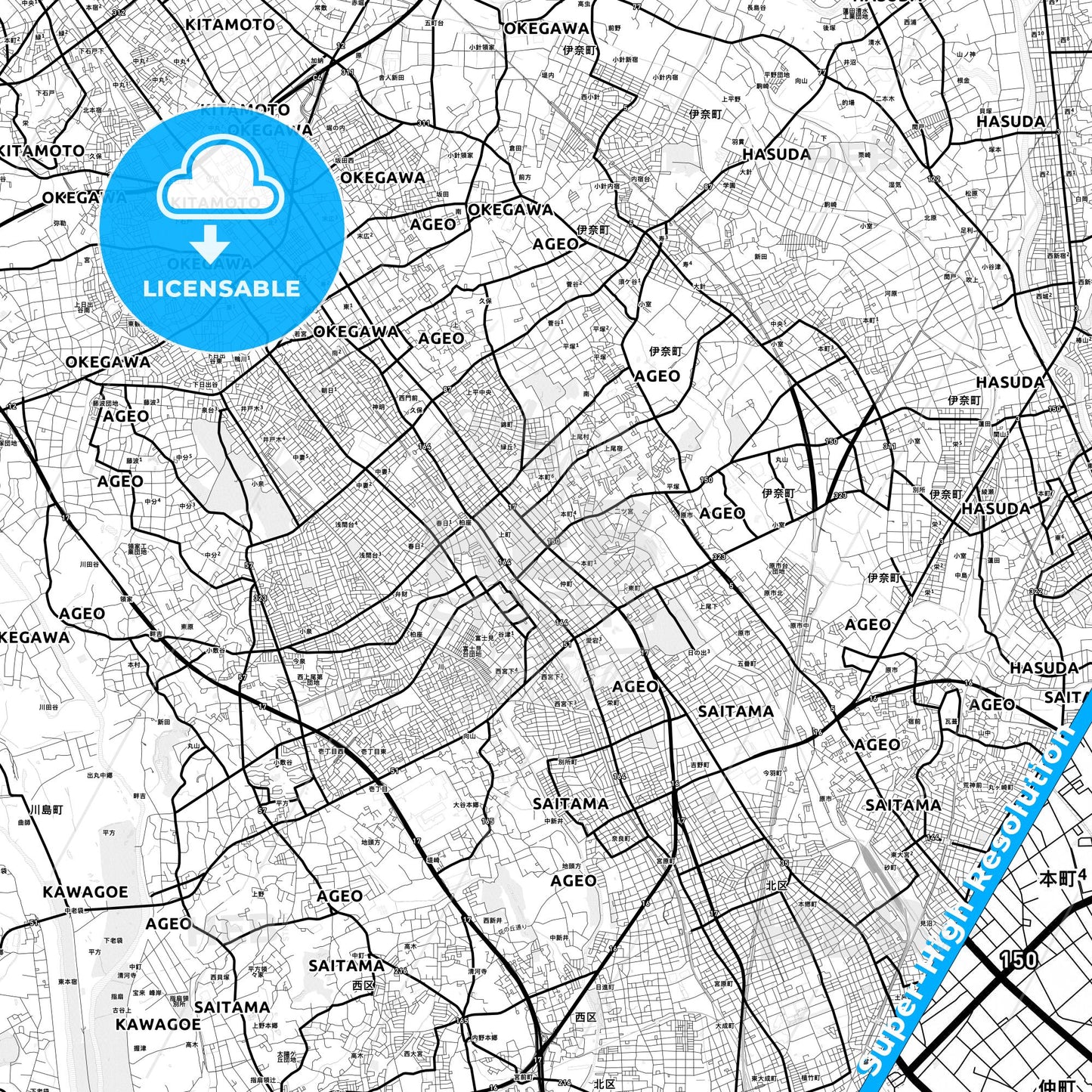 Ageo, Japan Light Map with Street Names, City Names, and Districts