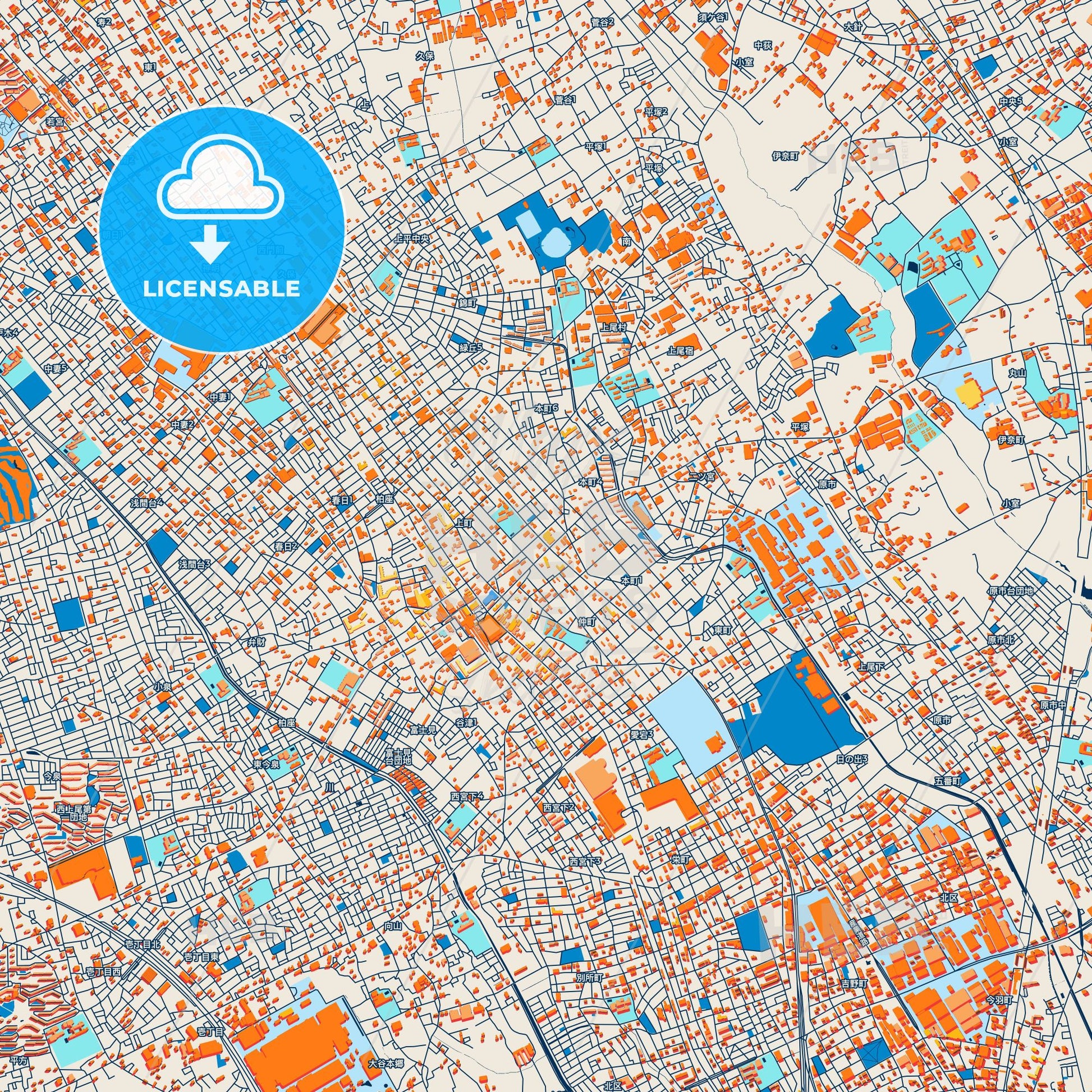 Colorful Ageo Street Map with Labels and Buildings