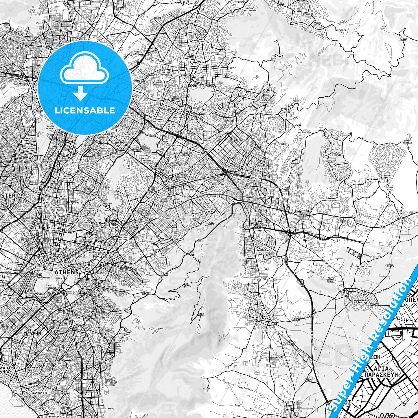 Agia Paraskevi, Greece light map with streetnames, citynames and districts