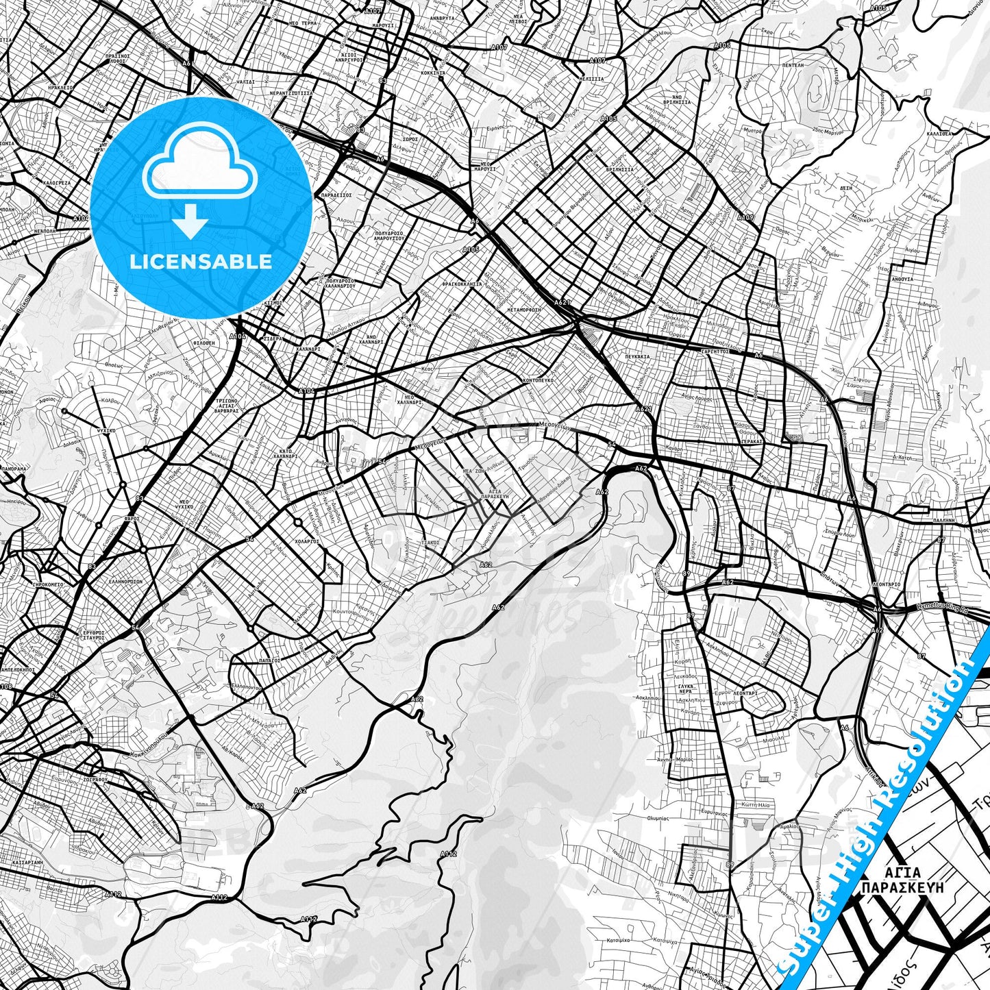 Agia Paraskevi, Greece Light Map with Street Names, City Names, and Districts