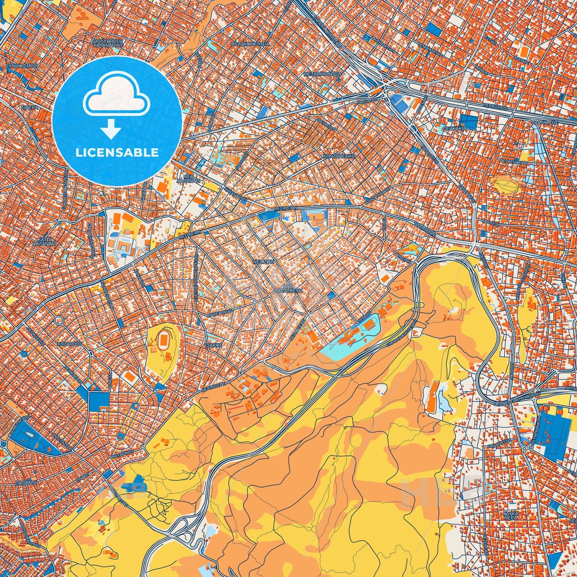 Colorful Agia Paraskevi Street Map with Labels and Buildings