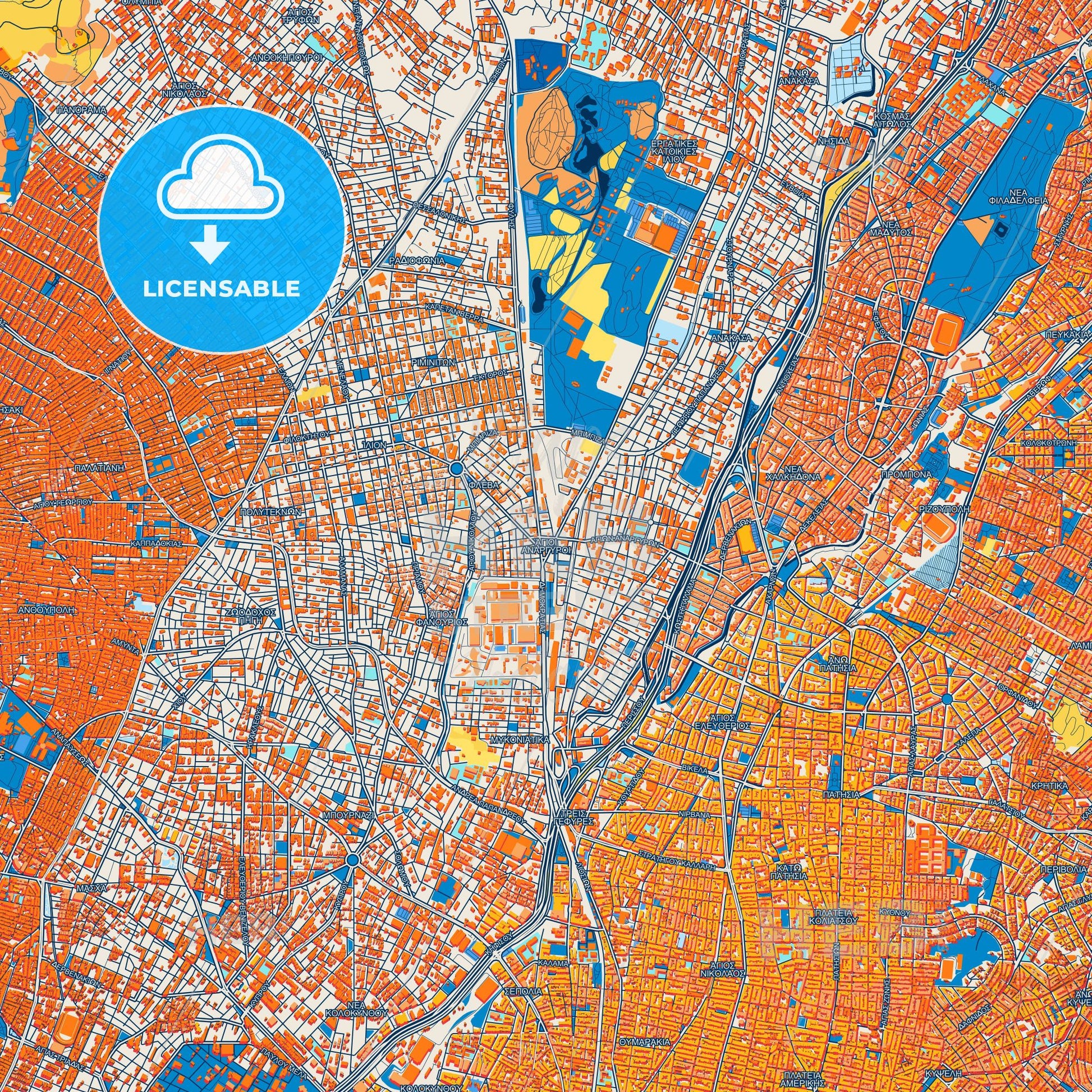 Colorful Agioi Anargyroi Street Map with Labels and Buildings