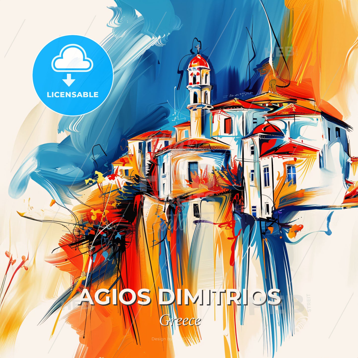 Vibrant Agios Dimitrios, Greece - A Painting Of A Building On A Cliff - Square format print template