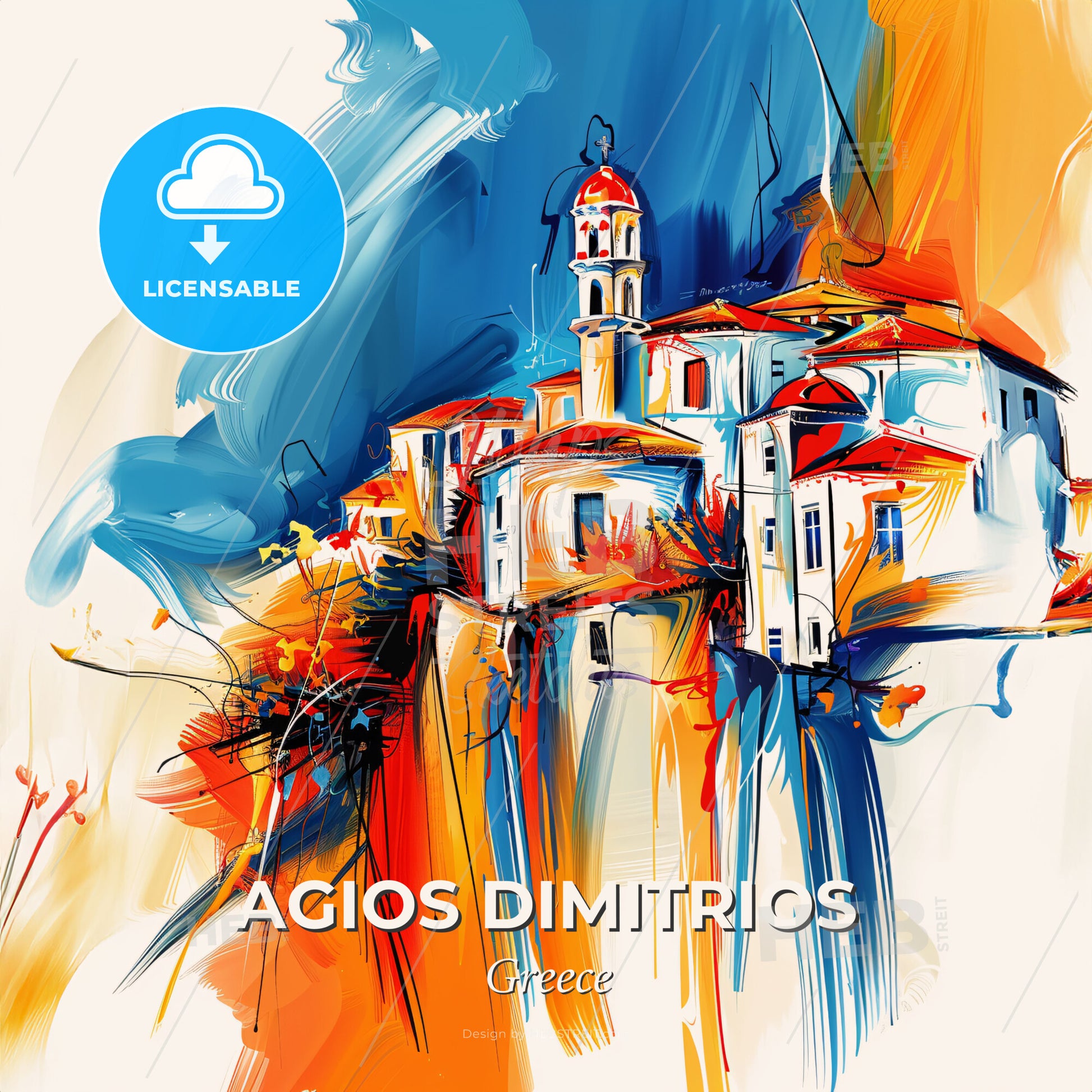 Vibrant Agios Dimitrios, Greece - A Painting Of A Building On A Cliff - Square format print template